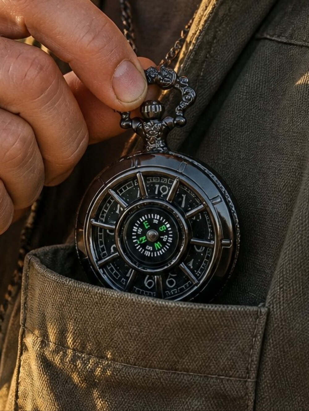Compass Pocket Watch Gunmetal Black Hollow Cutout Watch Travel Explorer Dad Gift